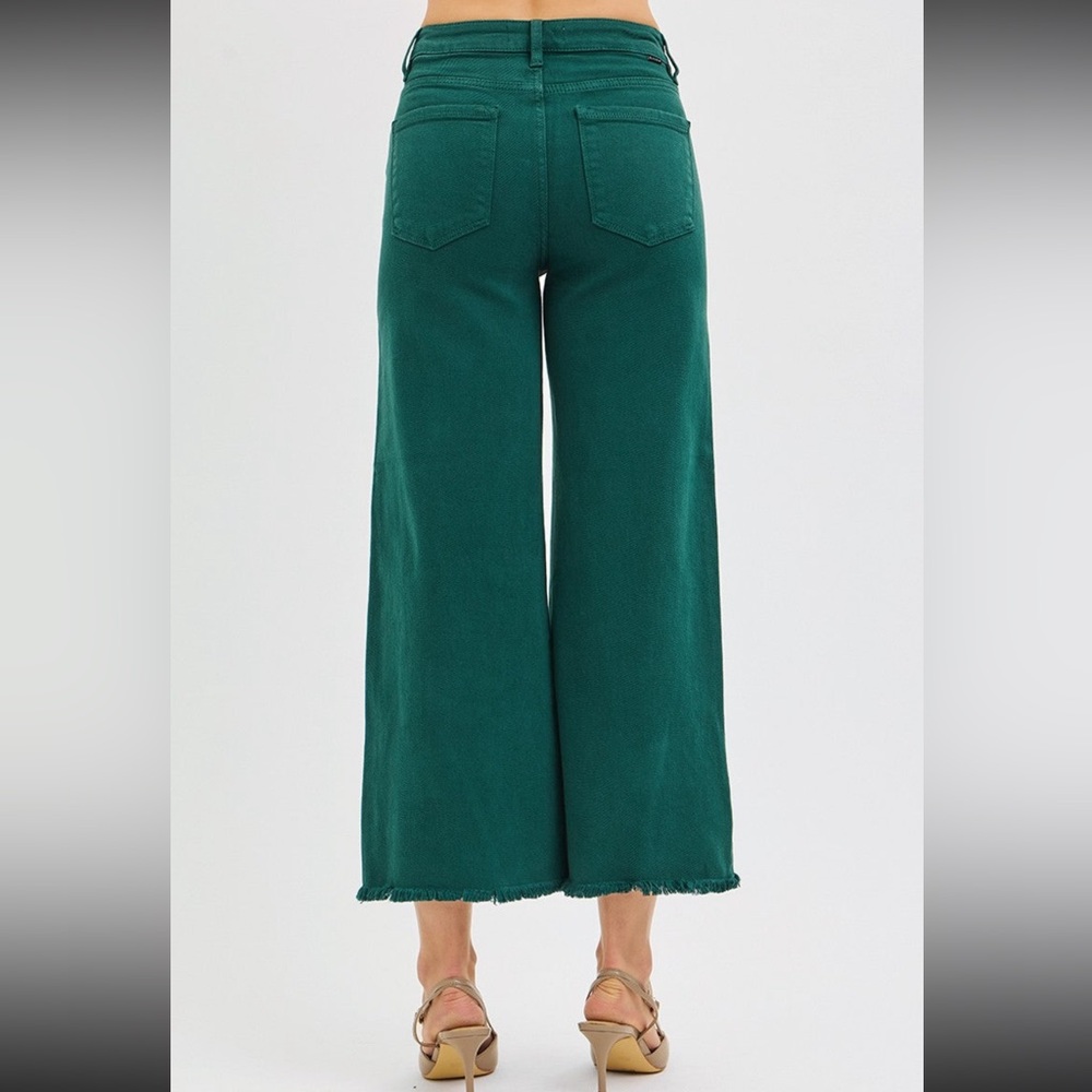 New with tags. Risen jeans. Wide leg fray hem. Tummy control. Hunter green - Picture 2 of 3